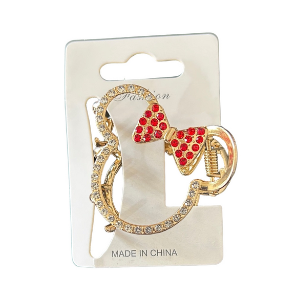 Fashion Jewelry Accessories - Minnie Mouse Gold Hair Clip with Clear Crystal Outline and Red Bow Detail New